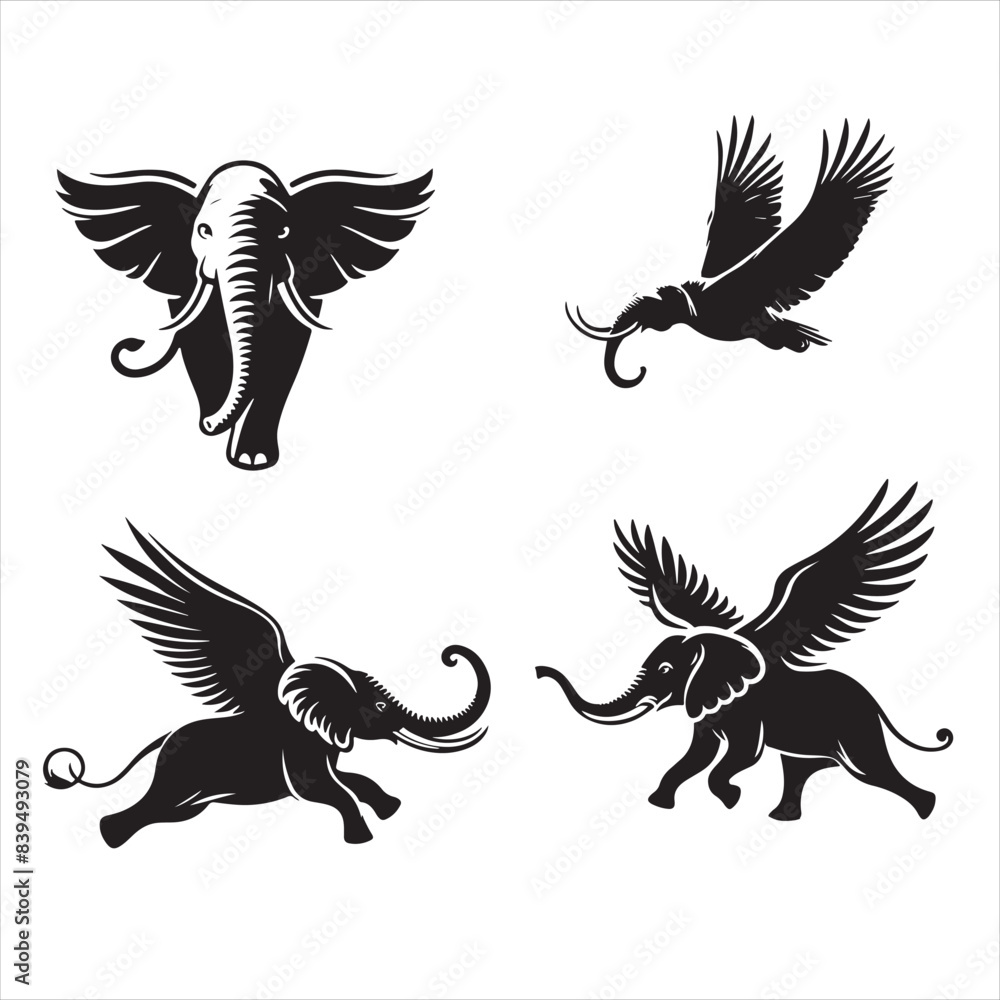 Obraz premium Elephant flying silhouette isolated on white background 
