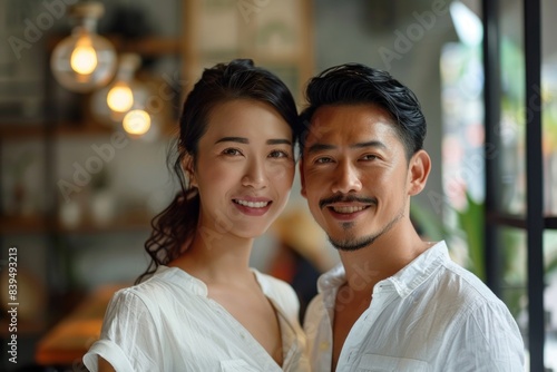Portrait of a content asian couple in their 30s wearing a simple cotton shirt on bustling city cafe
