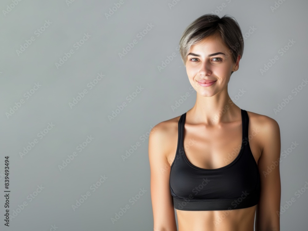 Young slim athletic brunette on a gray background. Active lifestyle, weight loss, motivation. Young slim athletic brunette on a gray background. Active lifestyle, weight loss, motivation.