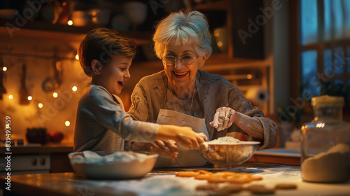  Kind grandmother and grandson baking cookies in the kitchen, Warm indoor lighting, Joyful and bonding moment, Flour and baking ingredients on the counter, Grandmother guiding grandson, Smiling faces,
