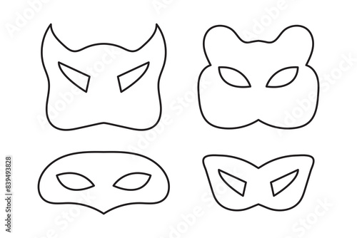 Mask superhero carnival or scammer villain vector line art icon set. Black outline masquerade costume eye mask silhouette hidden burgar face. Incognito theatre party masque shape clip art illustration