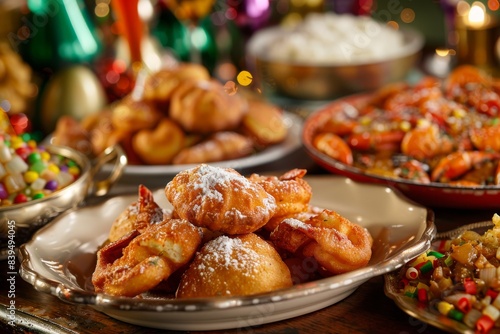 Indulge in a close-up image of a beautifully presented table filled with mouthwatering Mardi Gras treats, such as beignets, crawfish étouffée, and jambalaya. photo