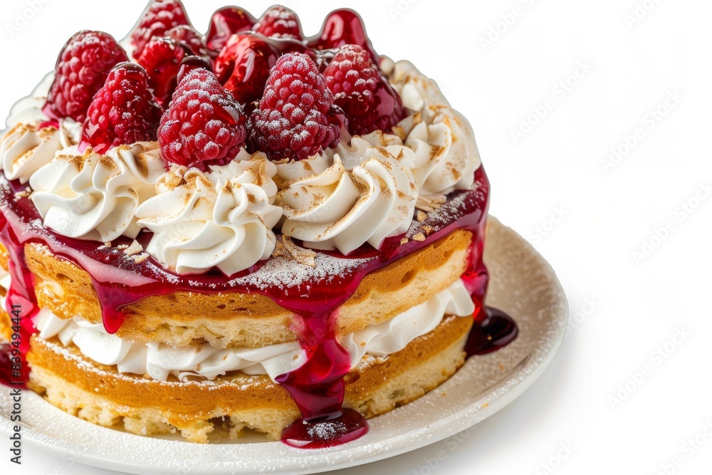Delightful Berry Cake with Whipped Cream, Fresh Raspberries, and Drizzled Berry Sauce on a White Background Delightful Berry Cake with Whipped Cream, Fresh Raspberries, and Drizzled Berry Sauce on a White Background