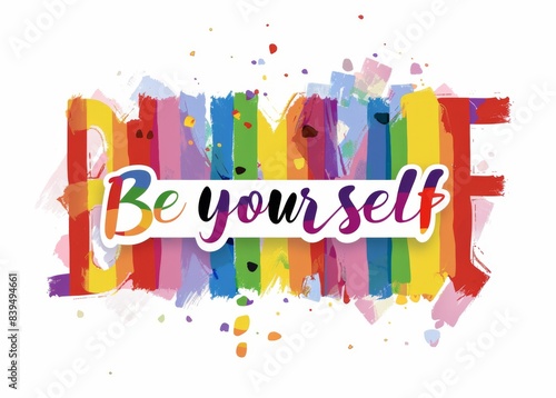 pride month with the text "Be yourself" in rainbow colored letters on a white background with a rainbow in the background.