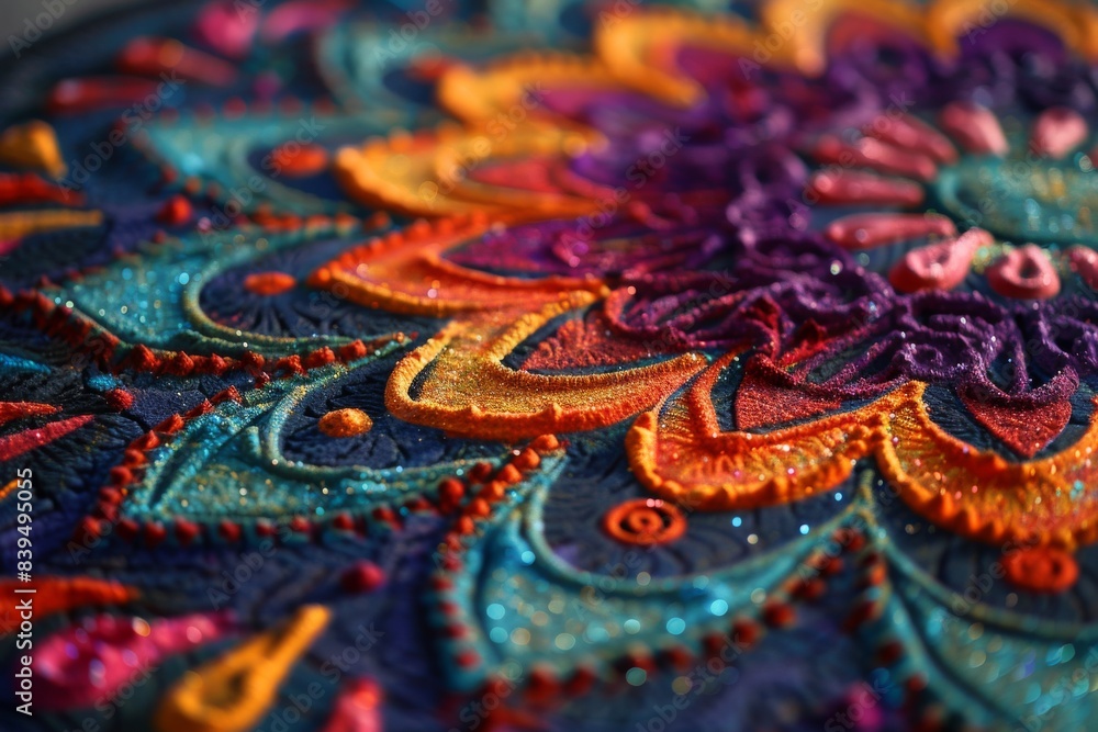 A stunning close-up of traditional Rangoli patterns adorning the floor during the vibrant Diwali festivities in India. A stunning close-up of traditional Rangoli patterns adorning the floor during the vibrant Diwali festivities in India.