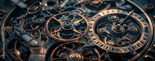 Vintage-inspired photograph showcasing warm-toned overlays of common human daily activities integrated within the gears and mechanisms of an antique clock, against a dark background, evoking a sense