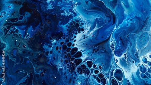 Liquid kaleidoscope of deep blues and indigos, creating an intricate and mesmerizing abstract artwork with a sense of depth and mystery. photo