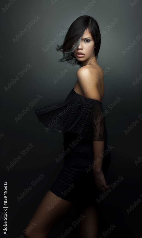 A brunette woman with a bob hairstyle wears a black dress on a black background. Fashion and beauty. A brunette woman with a bob hairstyle wears a black dress on a black background. Fashion and beauty.