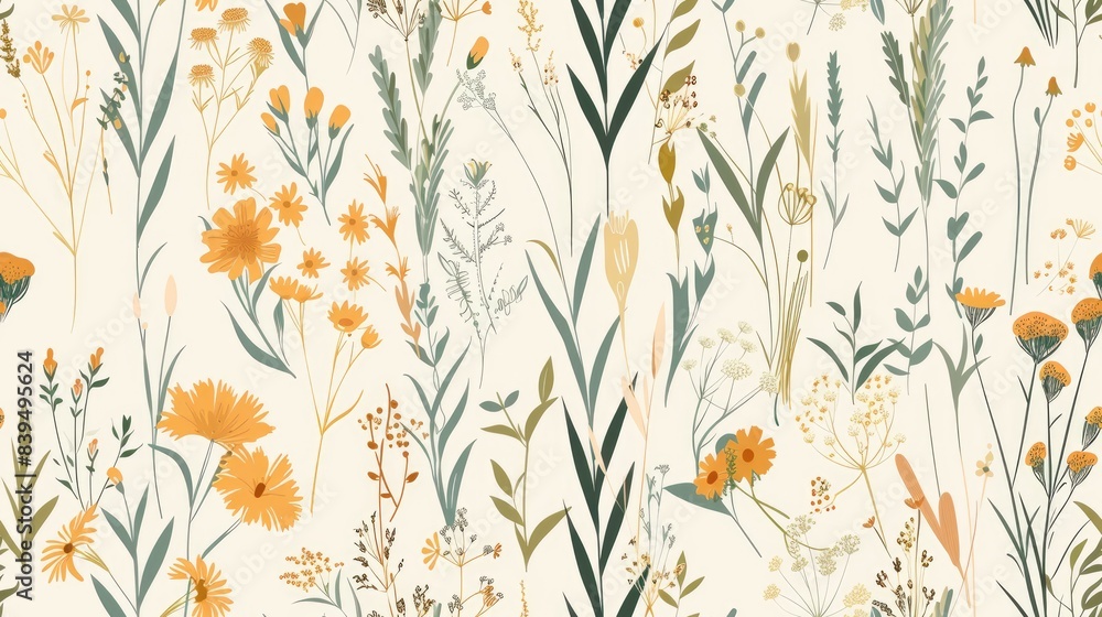 Seamless botanical pattern with wildflowers and herbs in natural, earthy tones