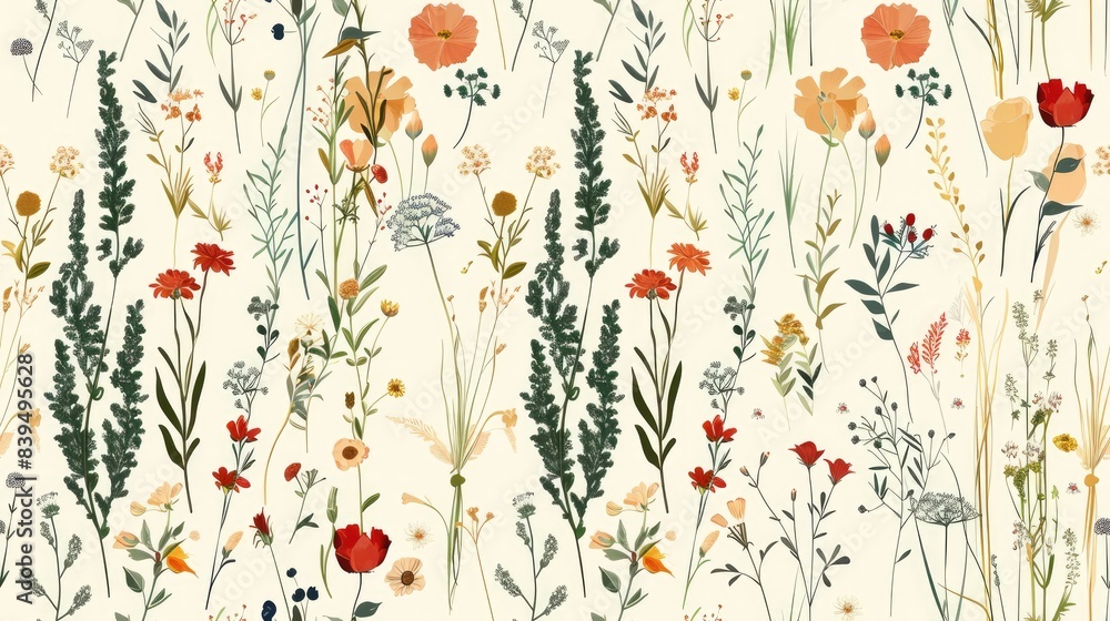 Seamless botanical pattern with wildflowers and herbs in natural, earthy tones Seamless botanical pattern with wildflowers and herbs in natural, earthy tones