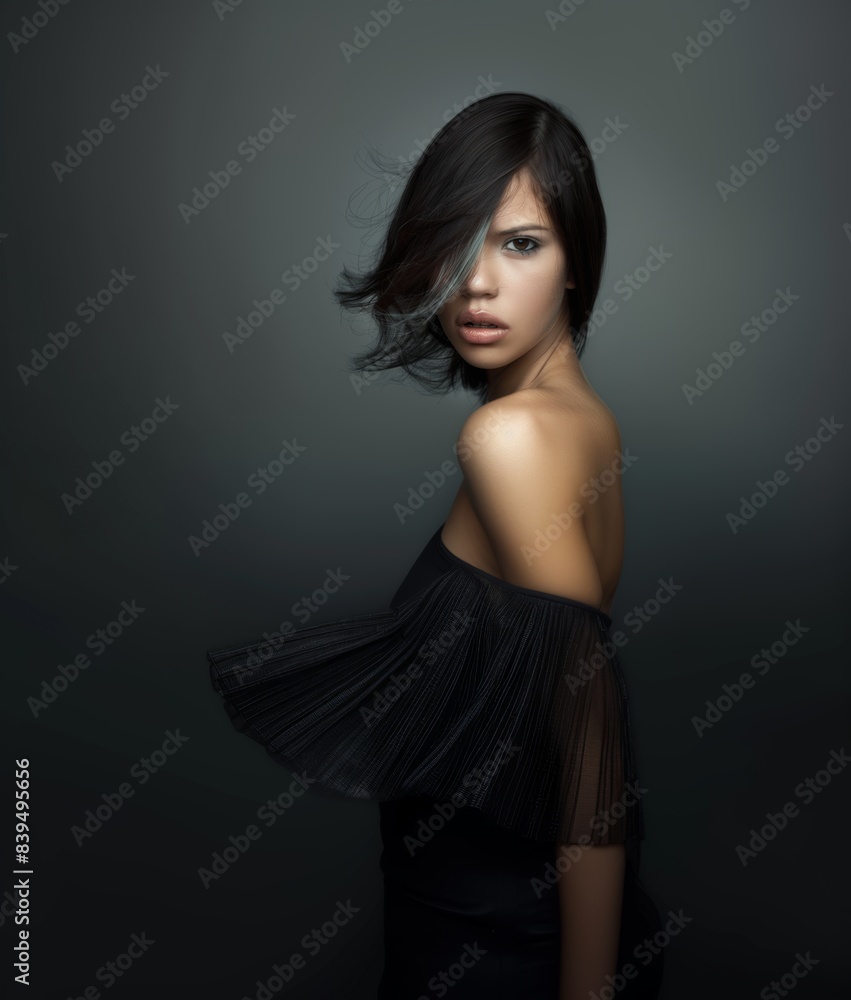 A brunette woman with a bob hairstyle wears a black dress on a black background. Fashion and beauty. A brunette woman with a bob hairstyle wears a black dress on a black background. Fashion and beauty.