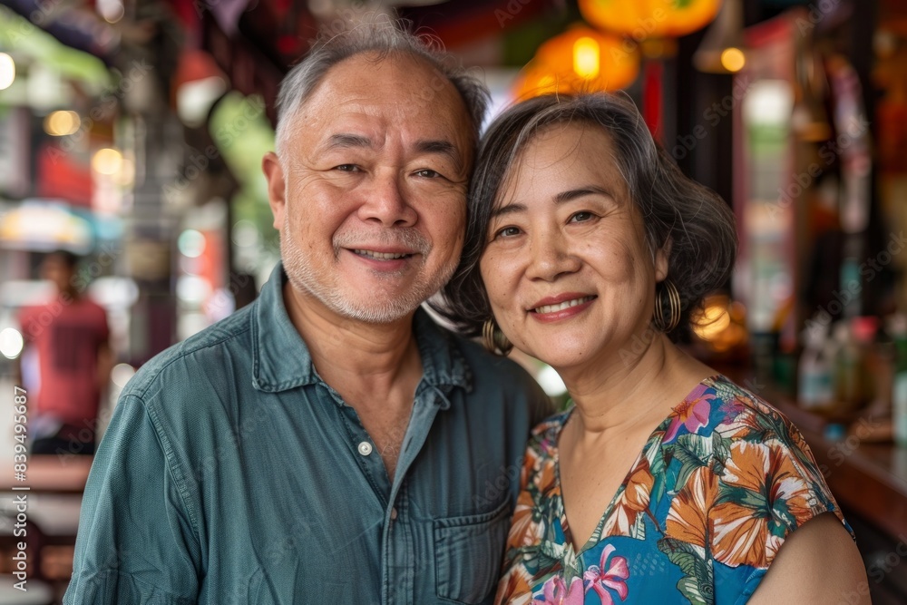 Portrait of a cheerful multicultural couple in their 40s sporting a technical climbing shirt over bustling city cafe Portrait of a cheerful multicultural couple in their 40s sporting a technical climbing shirt over bustling city cafe