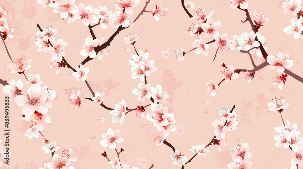 Seamless flower pattern featuring cherry blossoms and branches on a soft pink background Seamless flower pattern featuring cherry blossoms and branches on a soft pink background