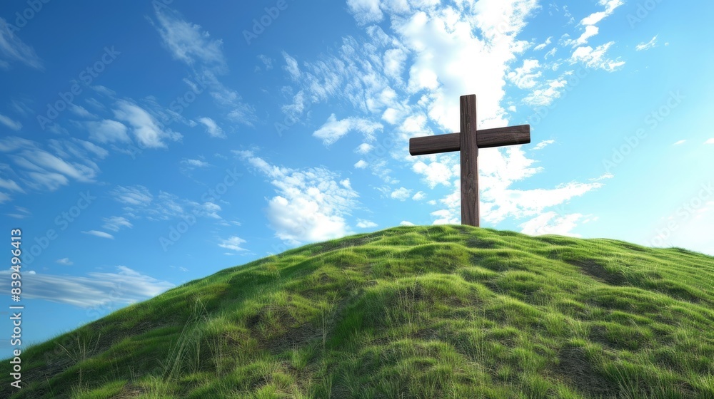Simple wooden cross of Christ on a grassy hill, with a bright, clear blue sky above, representing faith and simplicity Simple wooden cross of Christ on a grassy hill, with a bright, clear blue sky above, representing faith and simplicity