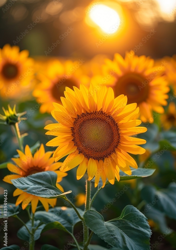 Fototapeta premium Vibrant sunflowers in a field, representing summer and happiness.