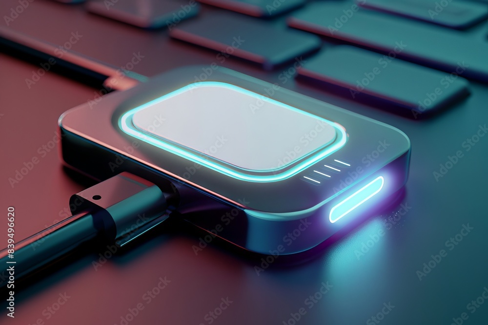 A glimpse of digital connectivity a usb-powered device glowing on a wooden surface