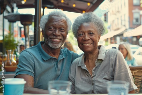 Portrait of a jovial mixed race couple in their 80s wearing a breathable golf polo while standing against bustling city cafe