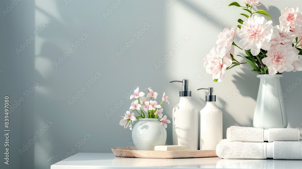 display setup of flowers and soap bottles on bathroom or toilet mirror shelf for cosmetics and face wash natural spa products commercial or decoration as wide banner mockup display setup of flowers and soap bottles on bathroom or toilet mirror shelf for cosmetics and face wash natural spa products commercial or decoration as wide banner mockup