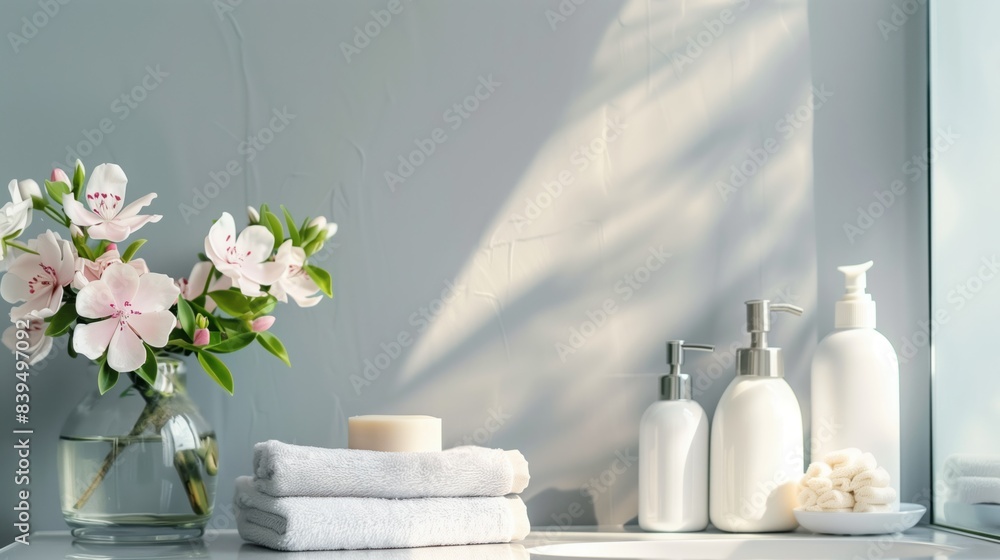 display setup of flowers and soap bottles on bathroom or toilet mirror shelf for cosmetics and face wash natural spa products commercial or decoration as wide banner mockup display setup of flowers and soap bottles on bathroom or toilet mirror shelf for cosmetics and face wash natural spa products commercial or decoration as wide banner mockup