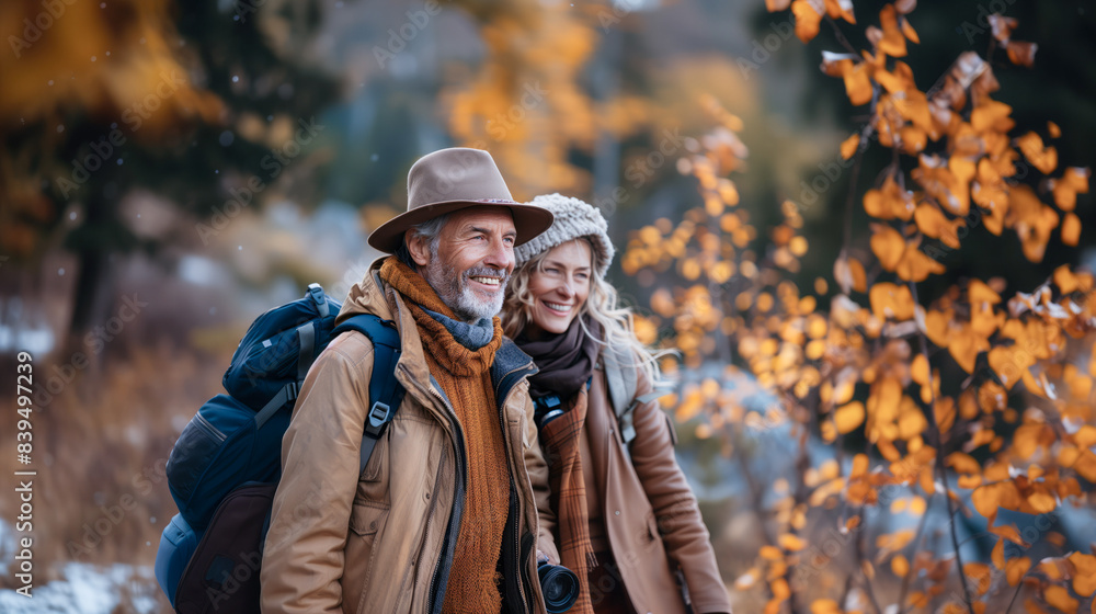 A man and a woman walk through a snowy forest during autumn. The man carries a backpack A man and a woman walk through a snowy forest during autumn. The man carries a backpack