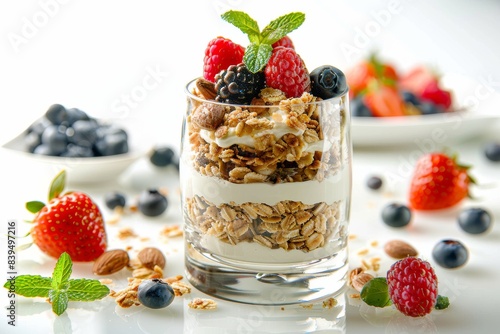 Elegant Yogurt Berry Parfait with Fresh Strawberries, Blueberries, and Granola in a Clear Glass