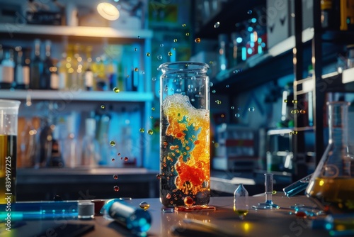 A mesmerizing display of colorful liquid bubbling and reacting inside a glass beaker with a test tube, surrounded by various scientific equipment.