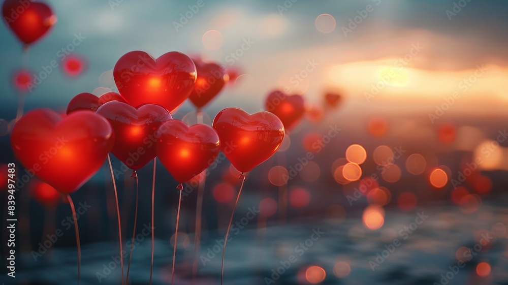 Heart-shaped balloons in romantic sunset scene Heart-shaped balloons in romantic sunset scene