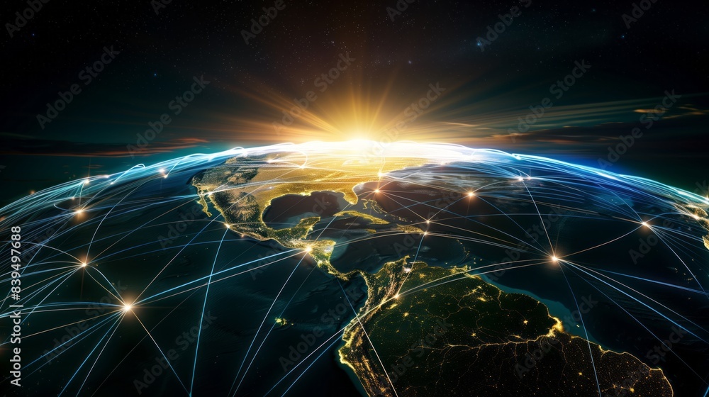 Digital world globe centered on Africa, concept of global network and connectivity on Earth, data transfer and cyber technology, information exchange and international telecommunication Digital world globe centered on Africa, concept of global network and connectivity on Earth, data transfer and cyber technology, information exchange and international telecommunication