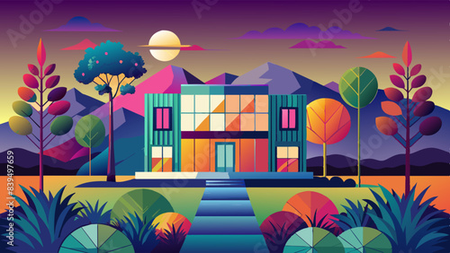 In the center is a modern house with large windows, framed by a vivid, stylized landscape at sunset. Colorful trees and plants dot the foreground, hills and mountains complete the background.AI genera
