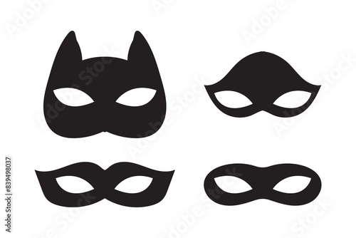 Mask superhero carnival villain or burglar vector icon set. Collection of Black outline flat masquerade costume eye mask silhouette hidden face. Incognito theatre party masque shape clip art. 
