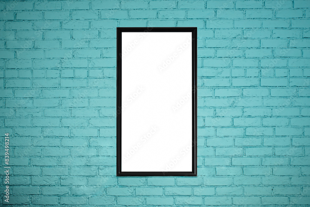 A white empty frame for a photo or painting, to create an individual image, hangs on a brick wall A white empty frame for a photo or painting, to create an individual image, hangs on a brick wall
