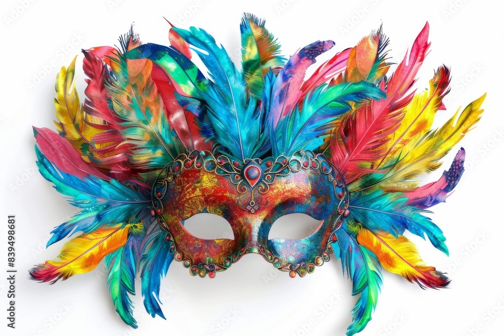 Experience the vibrancy of Mardi Gras with this intricately designed mask, adorned with colorful feathers and stunning details. Experience the vibrancy of Mardi Gras with this intricately designed mask, adorned with colorful feathers and stunning details.