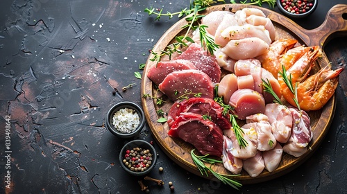 Assorted raw meats and seafood on a wooden board with herbs and spices on a dark background, ready for cooking. Fresh and delicious ingredients.