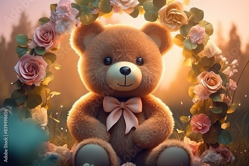 Adorable Teddy Bear with a Bowtie Sitting Under a Floral Arch in a Sunlit Garden