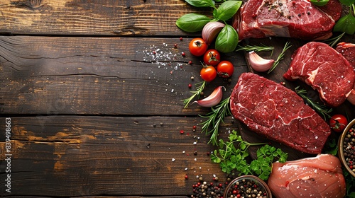 Assorted raw meats with herbs and vegetables on a rustic wooden background, perfect for cooking and barbecue themes.