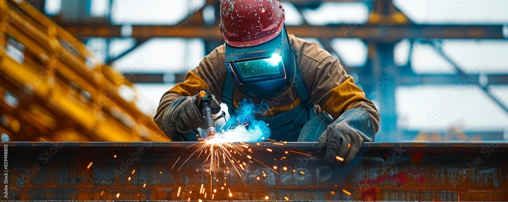A robot construction worker welding a beam on a half-built skyscraper. A robot construction worker welding a beam on a half-built skyscraper.