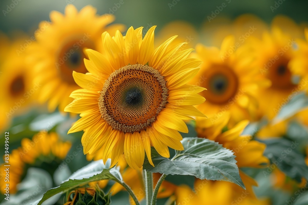Fototapeta premium Vibrant sunflowers in a field, representing summer and happiness.