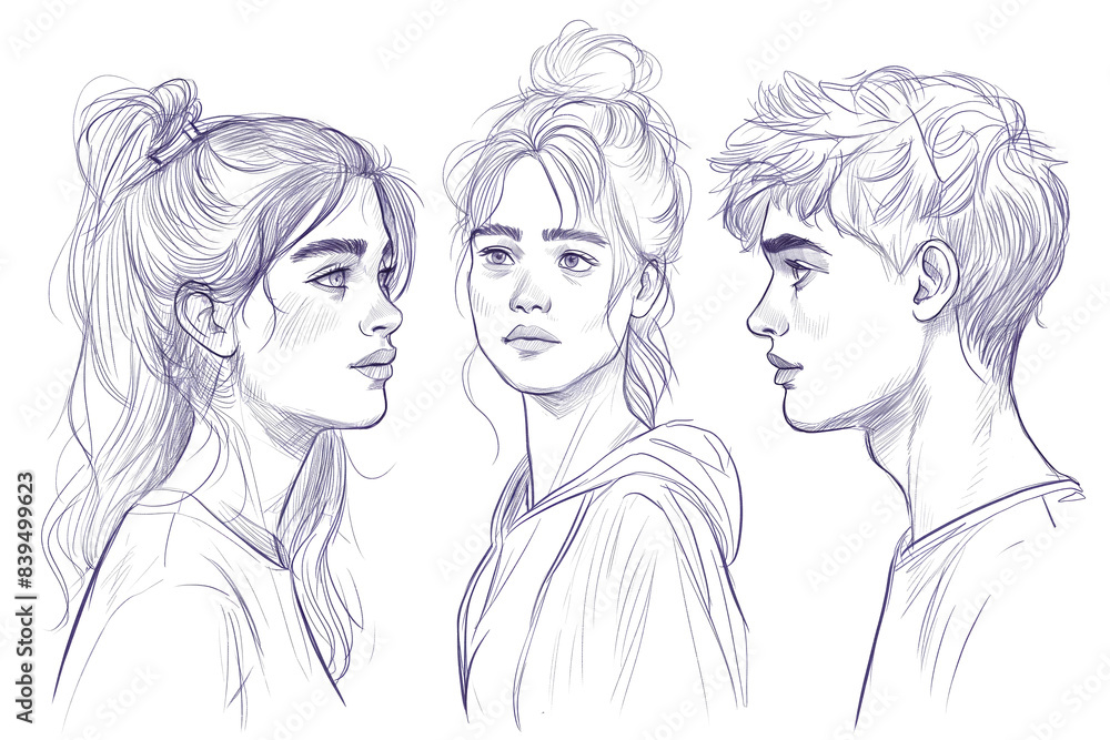 Drawn sketch of three young people including two women and one man in profile and front views Drawn sketch of three young people including two women and one man in profile and front views