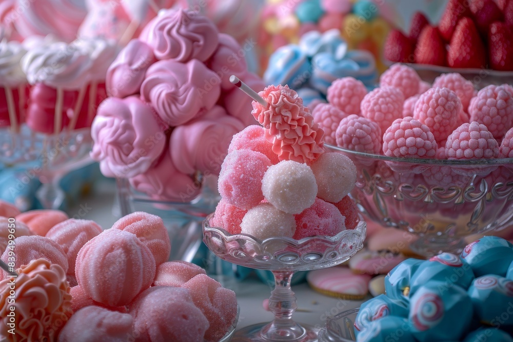 An inviting display of various sweet treats and confections, including cotton candy and candy apples, arranged in a vibrant and tempting manner. An inviting display of various sweet treats and confections, including cotton candy and candy apples, arranged in a vibrant and tempting manner.