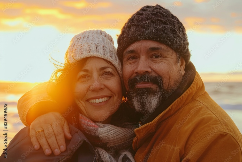 Portrait of a glad latino couple in their 40s donning a warm wool beanie in front of beautiful beach sunset Portrait of a glad latino couple in their 40s donning a warm wool beanie in front of beautiful beach sunset