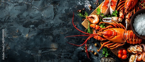 Top view of assorted fresh seafood, including lobster and shrimp, on a dark background with ice and herbs for a gourmet culinary presentation.
