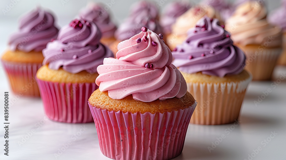Minimalistic group of holiday cupcakes lined up in row with smooth frosting in light pastel colors Minimalistic group of holiday cupcakes lined up in row with smooth frosting in light pastel colors