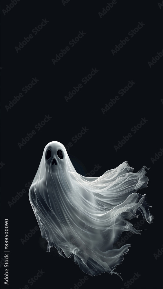 White ghost on black background, copy space, aspect ratio 9:16
