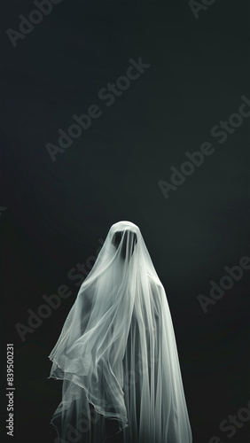 White ghost on black background, copy space, aspect ratio 9:16