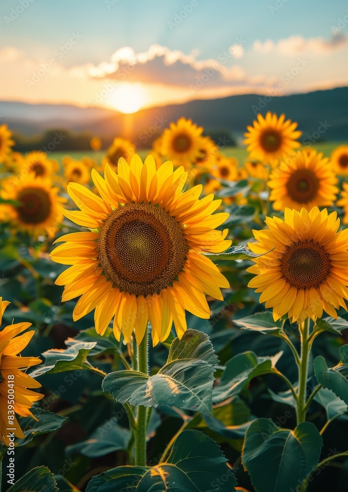 Obraz premium Vibrant sunflowers in a field, representing summer and happiness.