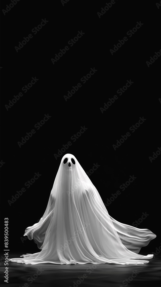 White ghost on black background, copy space, aspect ratio 9:16 White ghost on black background, copy space, aspect ratio 9:16