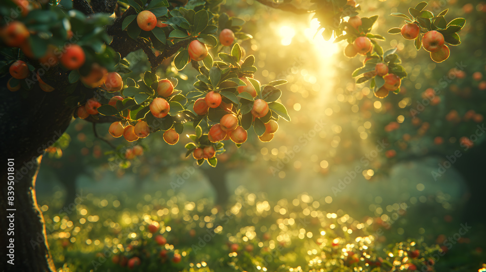Fresh Dew-Covered Green Apples Bathed in Morning Sunlight Fresh Dew-Covered Green Apples Bathed in Morning Sunlight