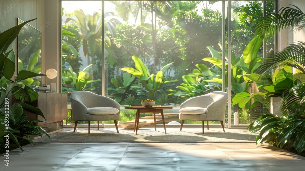 Fototapeta premium Modern Living Room With Large Windows And Indoor Plants