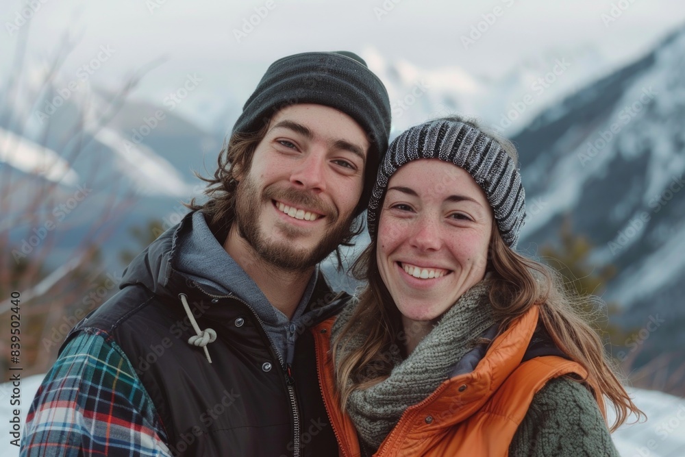 Portrait of a grinning couple in their 20s dressed in a thermal insulation vest while standing against backdrop of mountain peaks Portrait of a grinning couple in their 20s dressed in a thermal insulation vest while standing against backdrop of mountain peaks