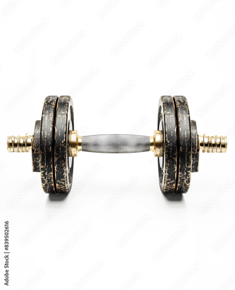 Naklejka premium A dumbbell with a silver handle is shown on a white background